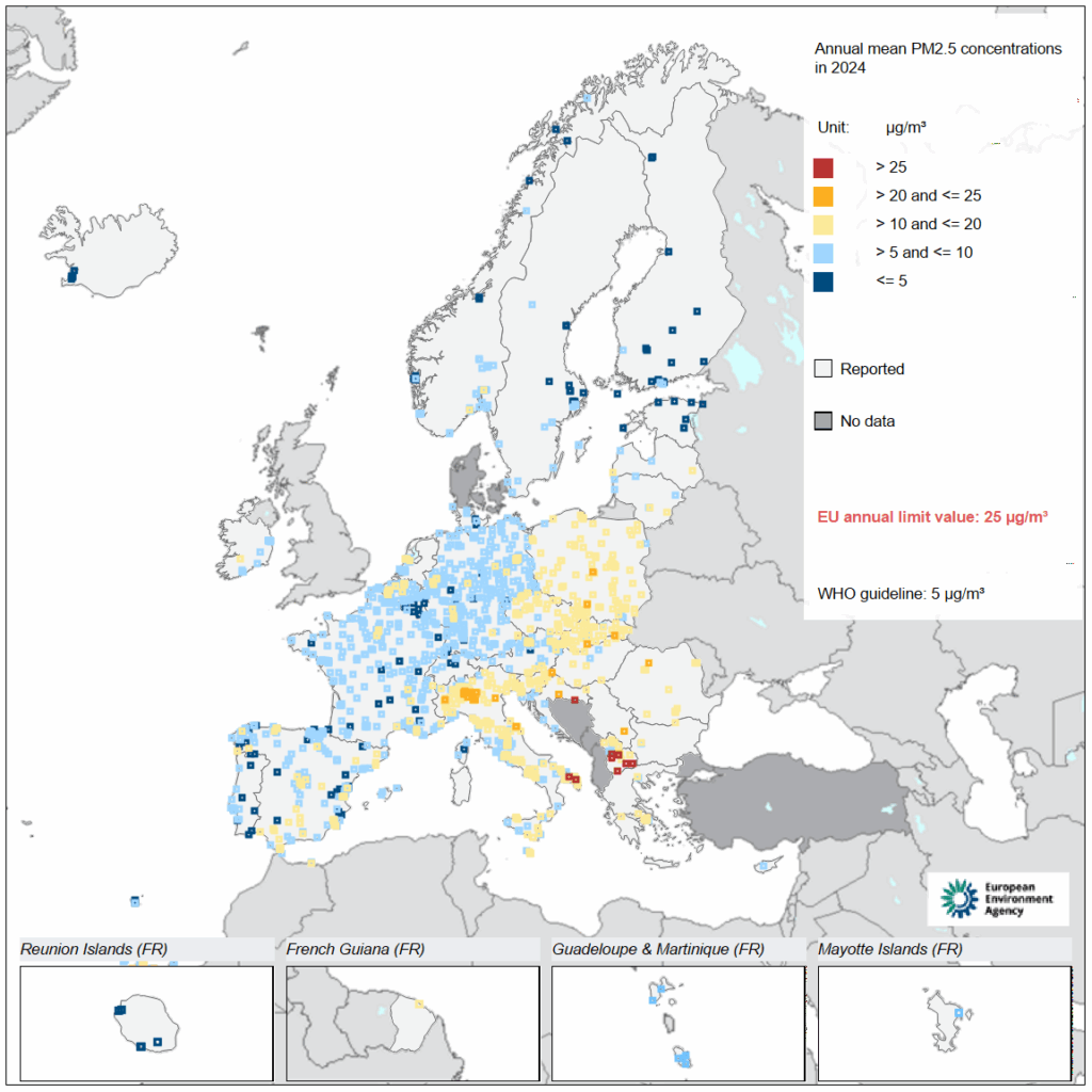 Stężenie PM2,5 w Europie w roku 2024